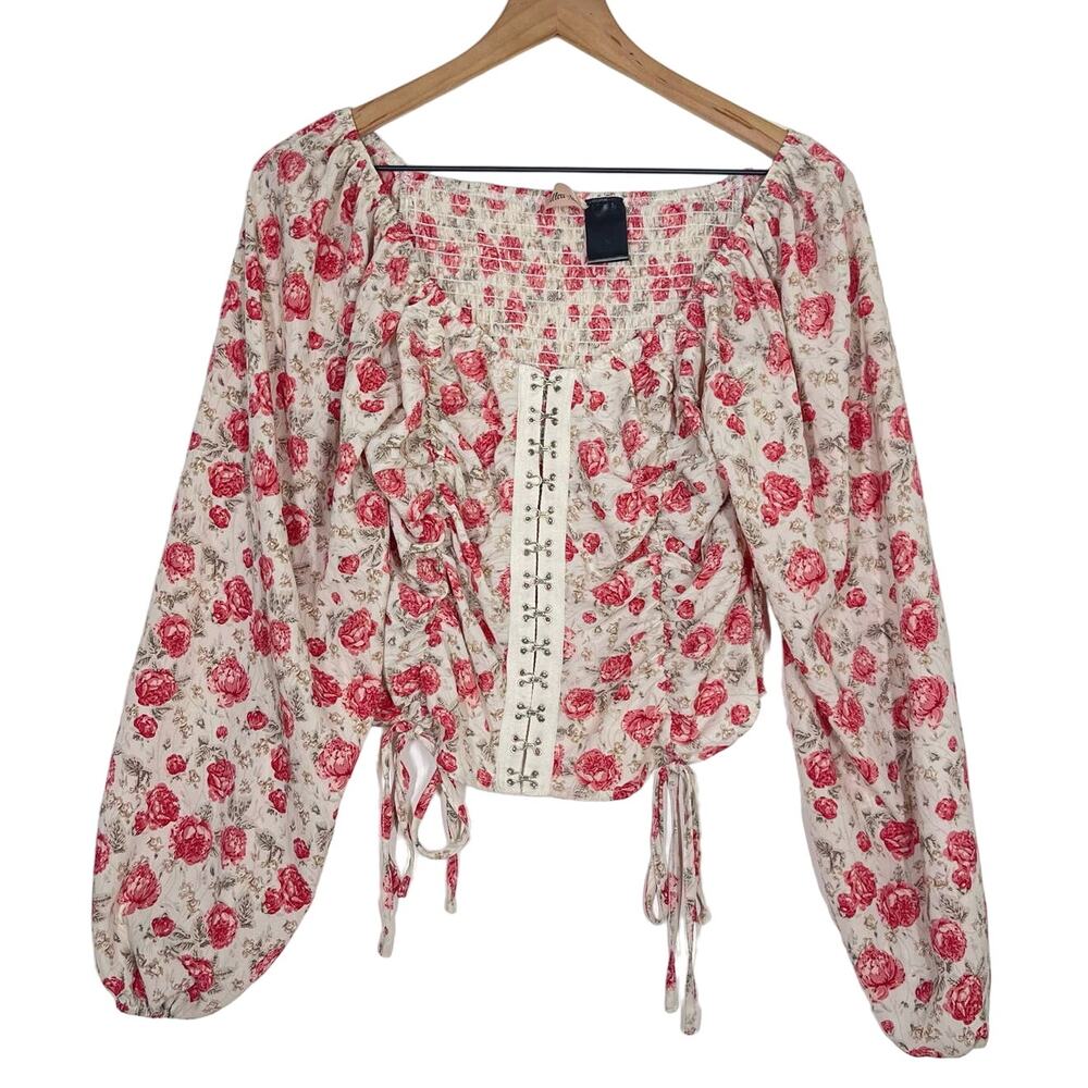 Willow & Root Crop Top Women's Size Small White Pink Floral Long Sleeve‎